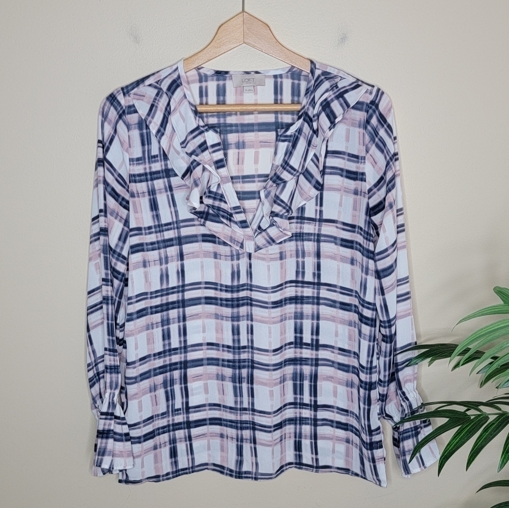 LOFT Outlet Blue Pink White Plaid Ruffle Blouse Size XS Cottagecore Office